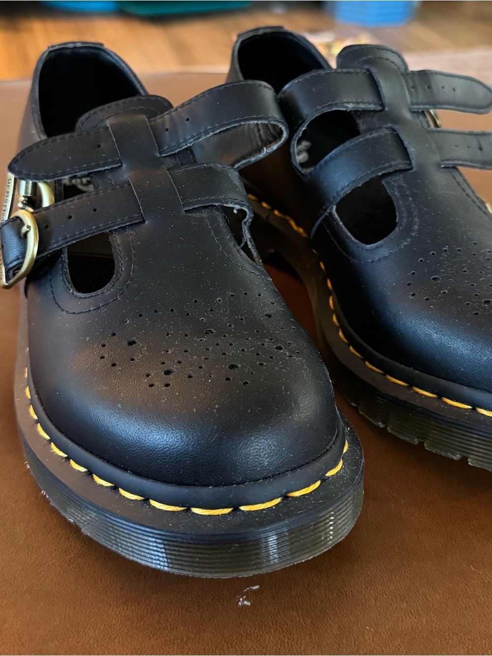 Dr. Martens Black Leather Mary Jane Flats with Yellow Stitching